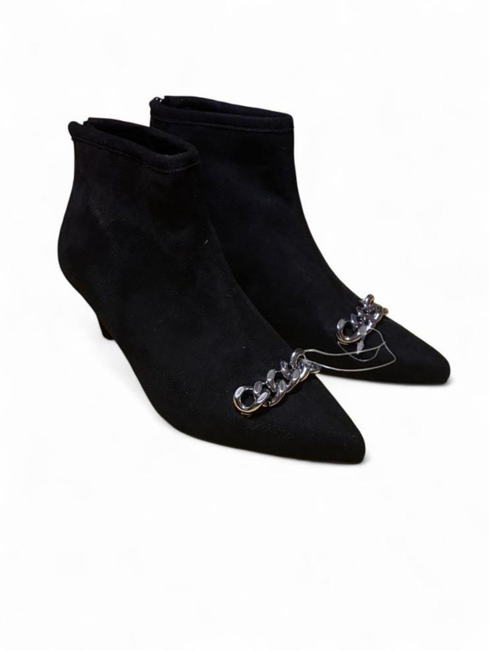 Source Unknown Black Pointed Toe Ankle Boots with Silver Chain